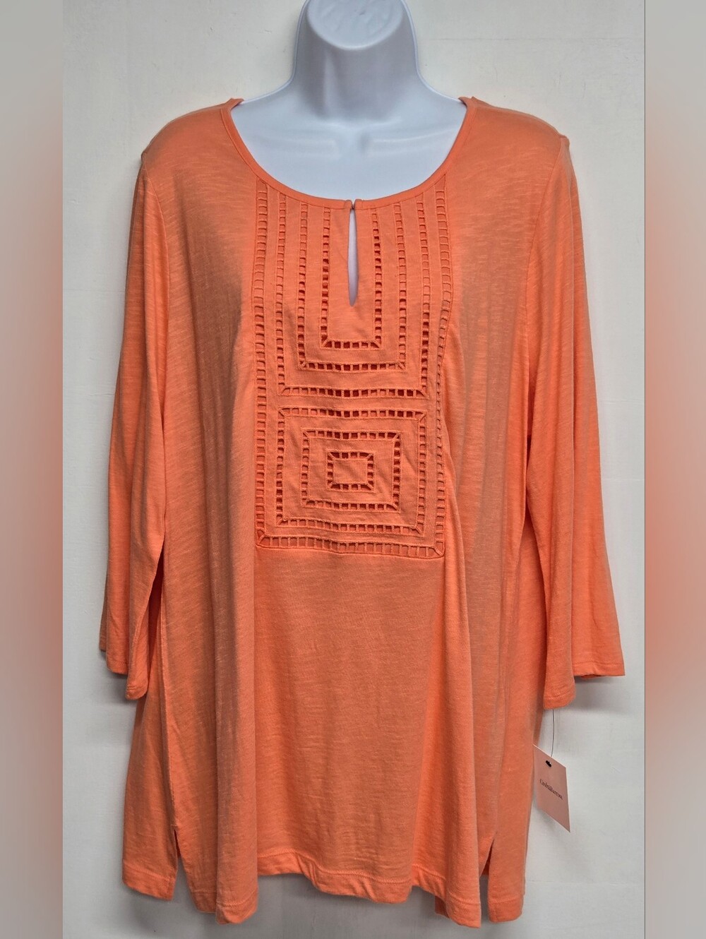 Croft & Barrow 1X Peach Pullover Top Ladder Stitch Cutout Stretch Cotton Blend